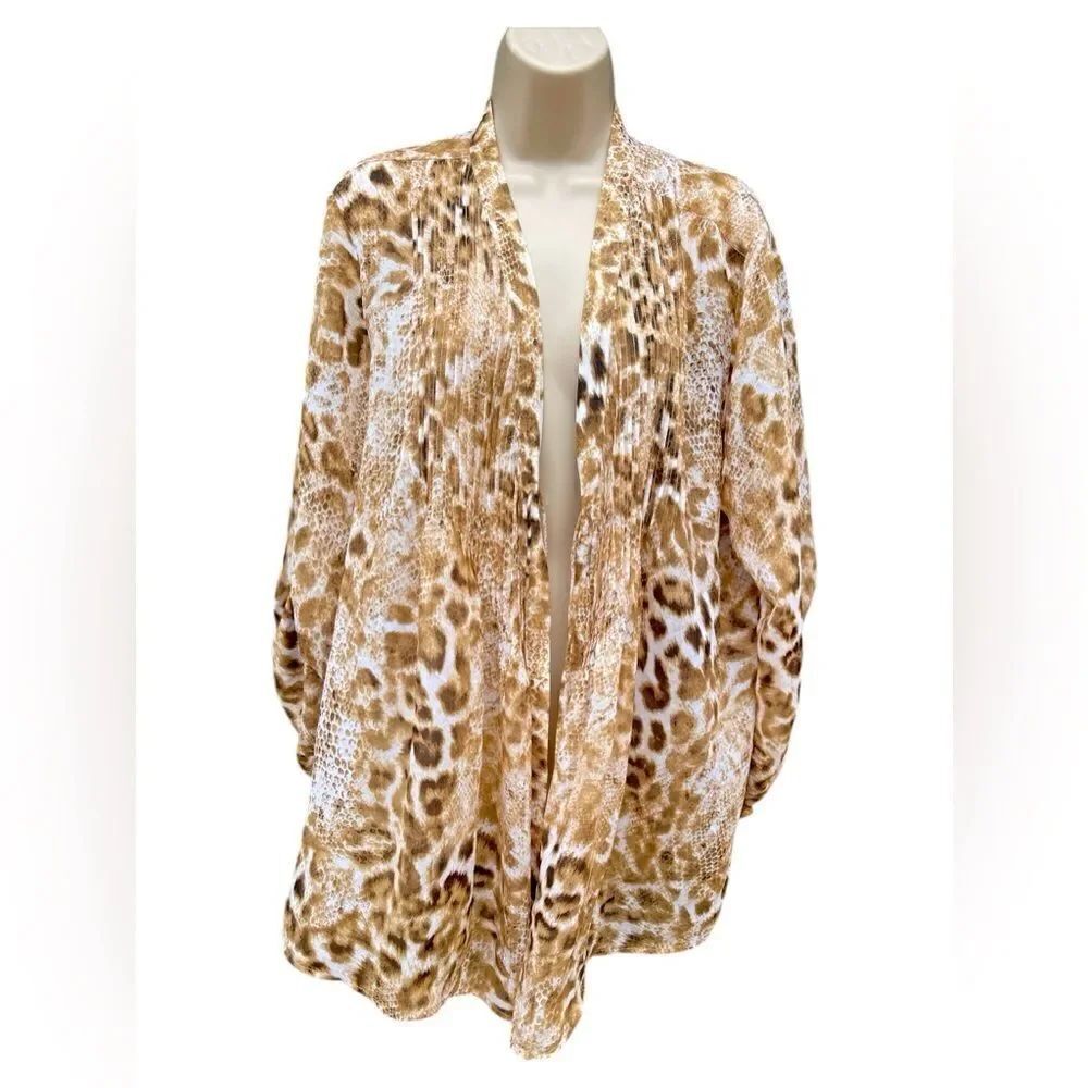 Chico's Women 3 Leopard Roll Tab Sleeve Tie Waist Poly Tunic Cardigan Like New